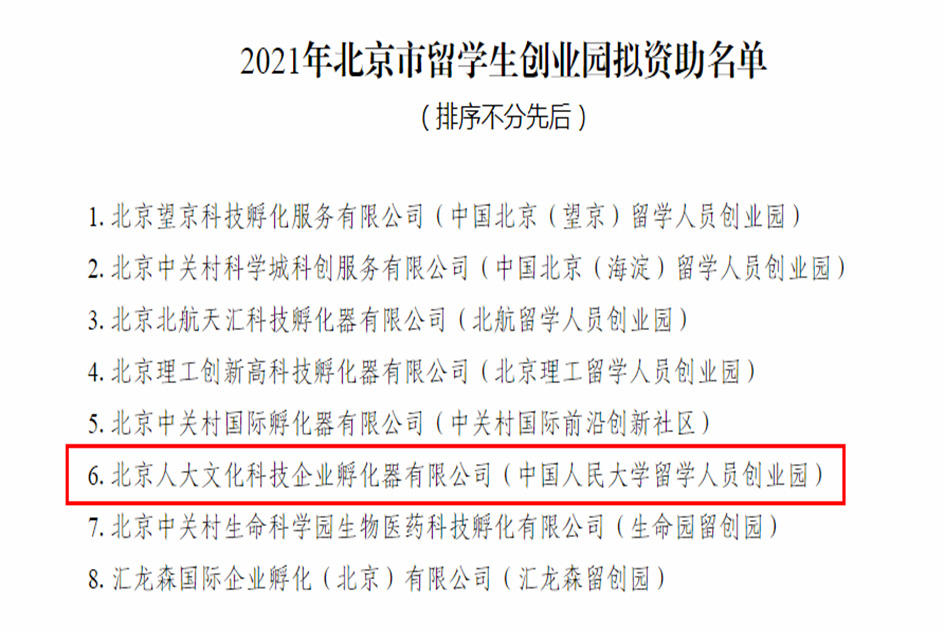 中國人民大學留學人員創業園入選2021年北京市留學人員創業園資助項目